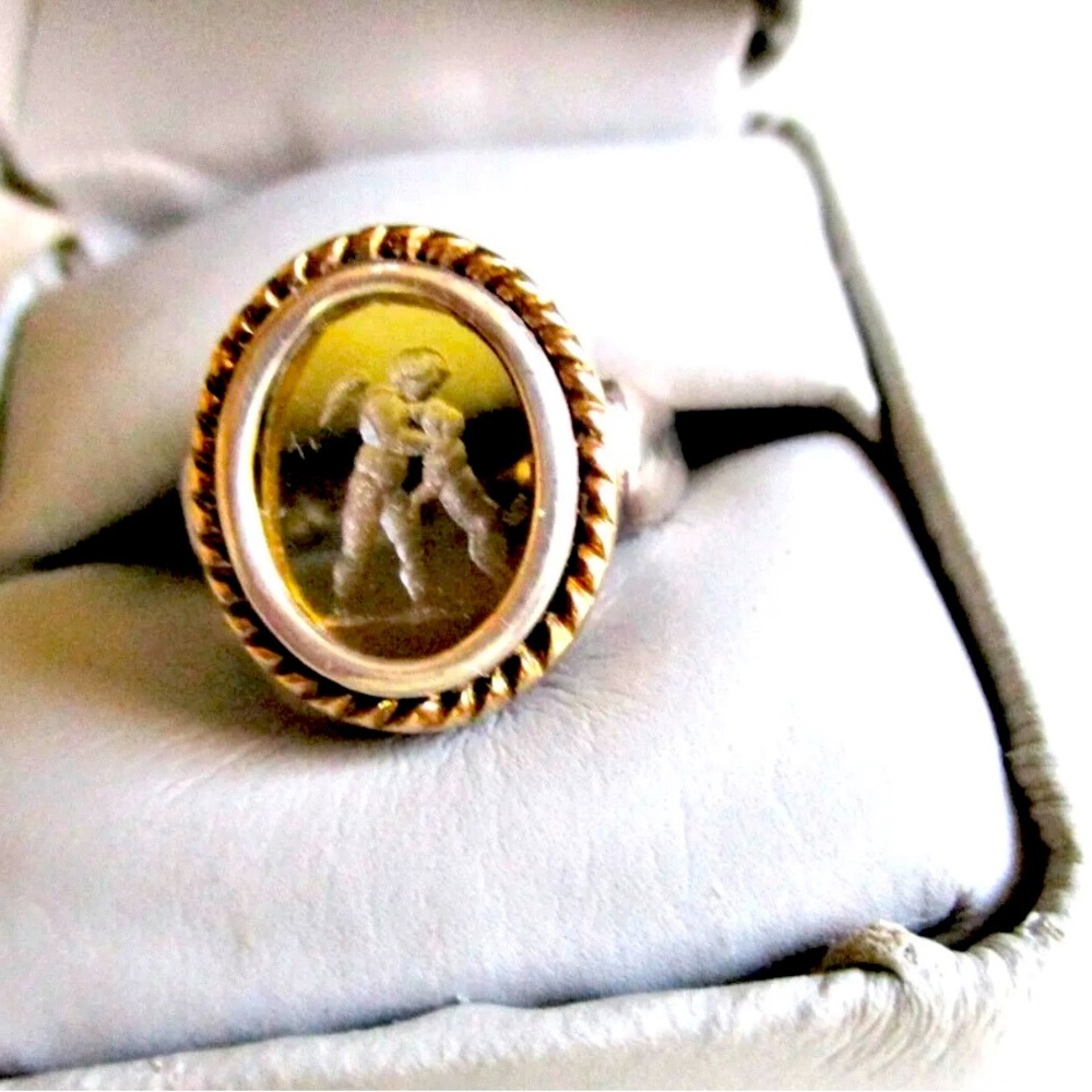 Size 7.5 Vintage Menegatti 18k Yellow Gold and Sterling Silver Intaglio Ring